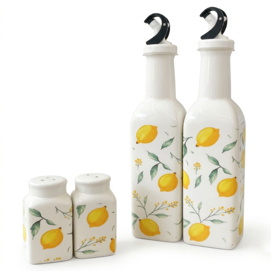 Porcelain Oil Dispenser & Salt Shaker Set - 4 Pcs
